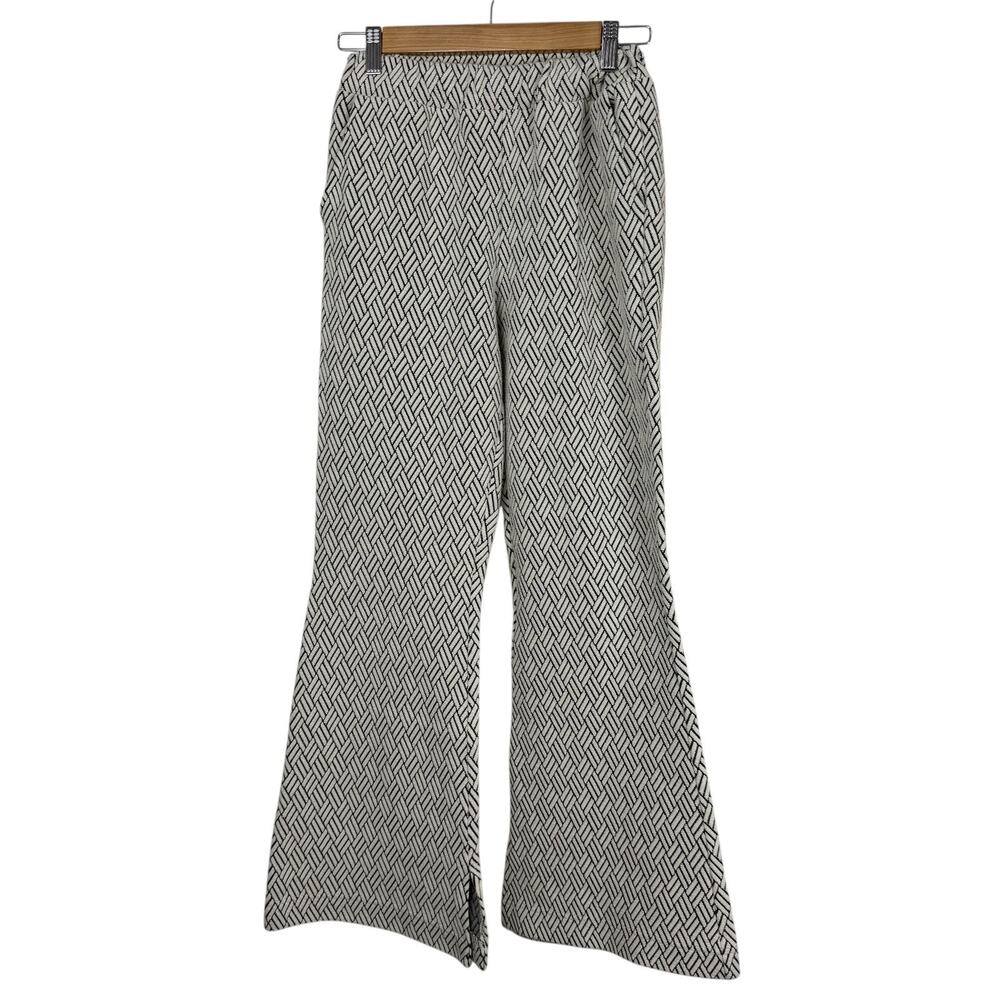 See And Be Seen Pants Womens Small Cream Black Diamond Abstract Wide Leg